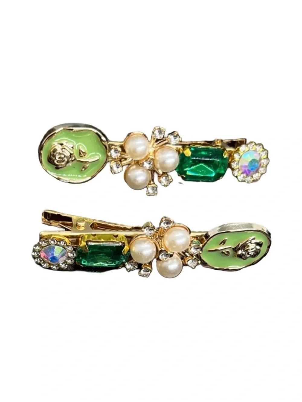 Gold-Tone Green Crystal & Pearl Hair Clips FINAL PRICE DROP